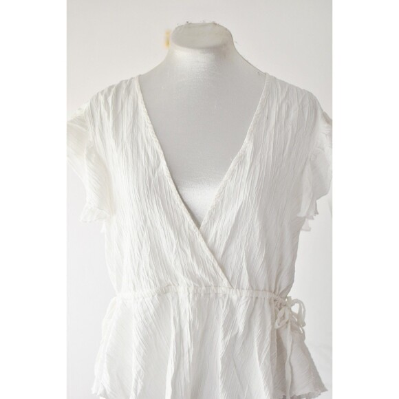 Minkpink Top Woman's M White Short Sleeve Faux Wrap Peplum Coastal - Picture 2 of 8